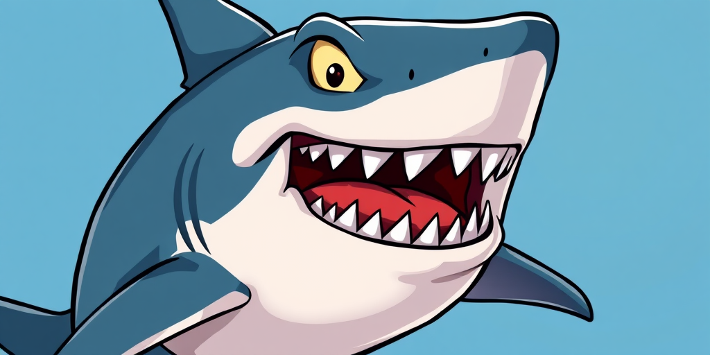 Create a high-resolution cartoon image of an angry shark with exaggerated features and bold colors, using a Canon EOS R5 camera with a 50mm f/1.2 lens, aperture set to f/2.8, ISO 200, and a slightly angled side view for depth.