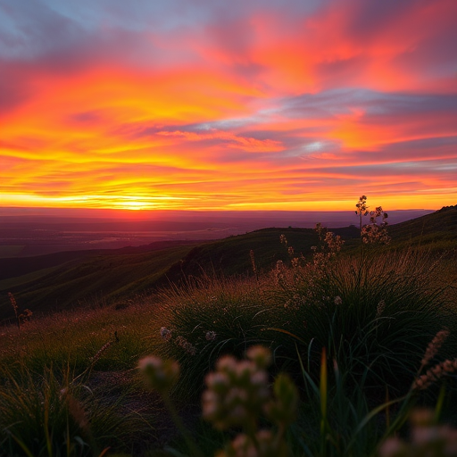 Create a high-resolution image of a scenic landscape with vibrant colors during sunset, using a DSLR camera set to ISO 100, aperture f/11, shutter speed 1/125s, wide-angle lens 24mm, taken from a low angle perspective to capture foreground details and depth.