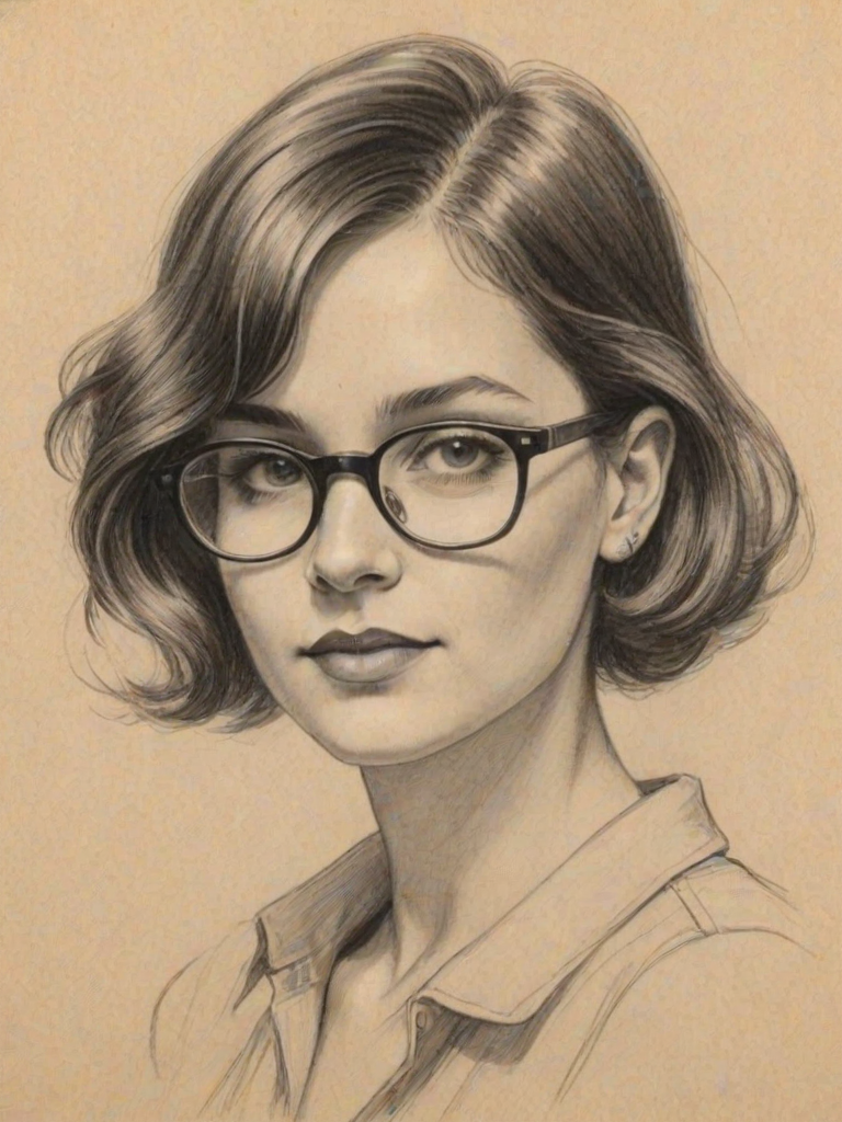 Appealing Daya, pencil sketch, portrait of Pleasing woman 1926s in glasses, hair style beatnik, outline, clear lines, fine lines, 8k
