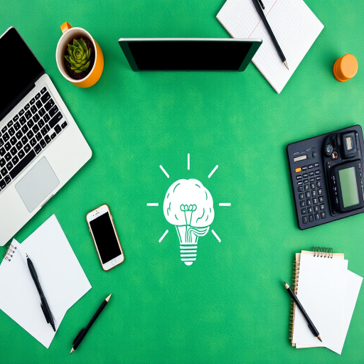Create an image showing a stylized workspace with a green textured background, featuring a laptop, smartphone, calculator, coffee cup, and notepads, with a light bulb above a brain illustration, captured with a Canon EOS R5 at f/2.8, ISO 100, 1/125s, using a top-down perspective and a soft focus style for enhanced quality.
