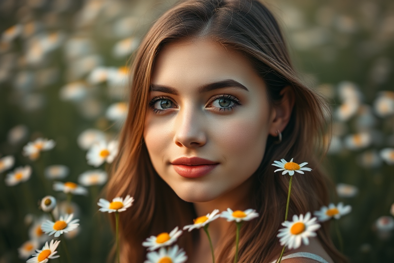 portrait of a young woman in a field of daisies with soft natural lighting, aperture f/1.8, ISO 100, shutter speed 1/400s, 85mm lens, shallow depth of field, taken with a DSLR camera, vibrant color palette