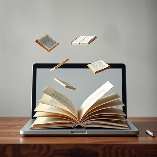 Create a high-resolution image of an open laptop displaying floating books, using a Canon EOS R5 camera with a 50mm f/1.8 lens, at ISO 100, aperture f/4, shutter speed 1/125 sec, with a soft focus background to enhance the laptop and books in sharp detail, straight-on view.