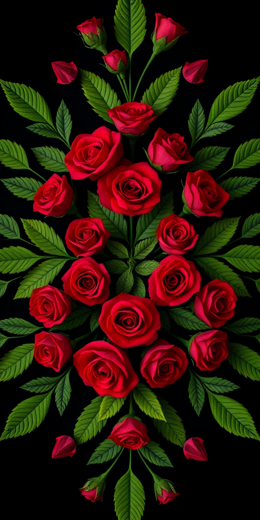Create a symmetrical floral pattern featuring vibrant red roses and lush green leaves on a black background with a Canon EOS 5D Mark IV, 50mm lens, f/2.8 aperture, ISO 100, 1/125 sec exposure, macro photography style.