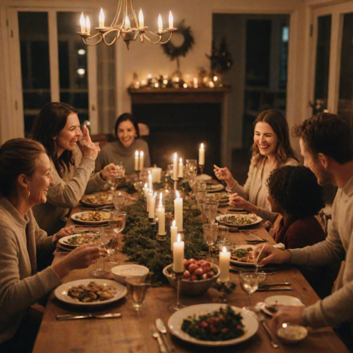 Blurry candid shot of a family gathering around a dining table for a holiday meal, warm candlelight flickering, and soft laughter echoing as they share stories.