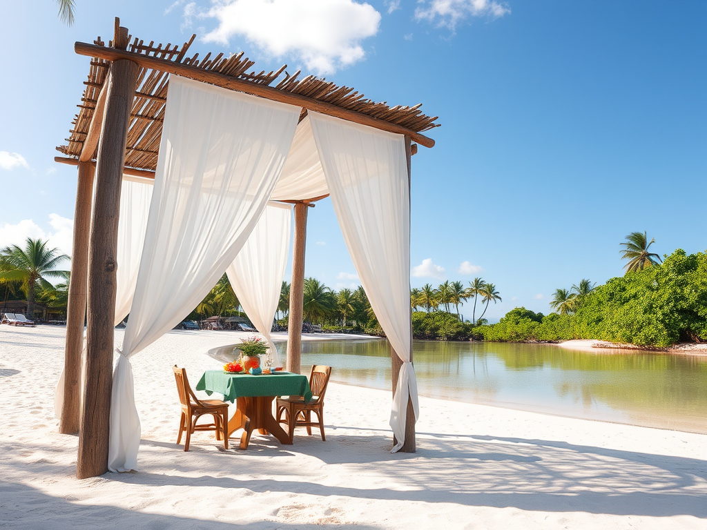 Create a picturesque tropical beach scene featuring a serene, white sandy shore. In the foreground, there's a rustic wooden canopy with white drapes gently flowing in the breeze. Underneath the canopy, a table is set with tropical decor, evoking a sense of relaxation and leisure. The beach extends into a calm, shallow water area with reflections of the sky and surroundings. Palm trees and lush greenery line the edge of the beach, providing a natural, tropical backdrop. The sky is clear with a few scattered clouds, and the overall atmosphere is tranquil and inviting, perfect for a peaceful retreat.