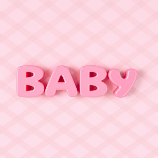 Create an image of the word "BABY" in large, playful pink letters against a diagonal diamond pattern background, using a DSLR camera with a 50mm lens, aperture set at f/2.8, ISO 100, and a top-down view for enhanced clarity and color vibrancy.