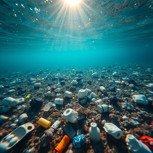 underwater scene of plastic waste scattered on the ocean floor with soft sunlight rays filtering through the water, shallow depth of field, high dynamic range, taken with a DSLR camera at f/8, ISO 200, 18mm lens, vibrant colors and high clarity