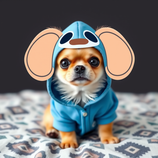 Create an image of a small dog wearing a blue hoodie with large floppy ears, resembling a cartoon character, sitting on a patterned blanket.