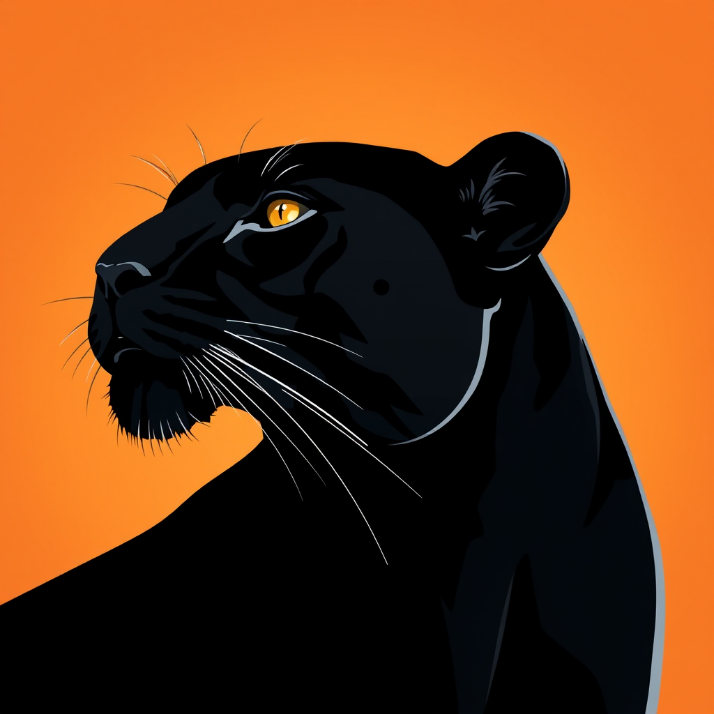 Create a high-resolution digital illustration of a black panther's head in profile against a soft orange gradient background, using a 50mm lens at f/2.8 aperture, ISO 100, with a focus on sharpness and detail, rendered in a vector art style.