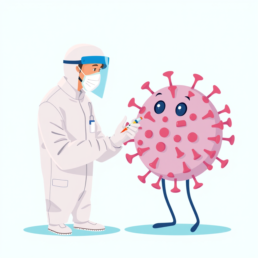 Create a digital illustration of a healthcare professional in a protective suit administering a vaccine to a large cartoonish virus character, using a clean, minimalist background with a gradient from teal to light blue, camera settings: ISO 100, aperture f/8, shutter speed 1/60s, camera view: medium shot, camera style: flat design, camera type: digital illustration.