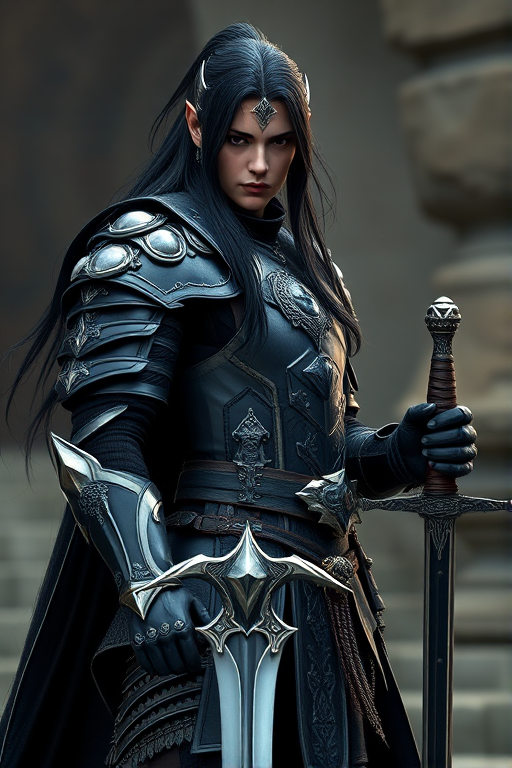 A highly detailed fantasy warrior with long black hair, wearing ornate black armor with silver accents, holding a sword, standing confidently in a dramatic pose, shot with a Canon EOS 5D Mark IV, 50mm lens, f/1.8, ISO 100, in a low-angle view with soft lighting to enhance texture and depth.