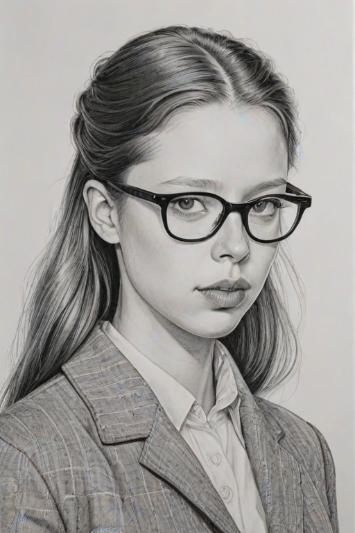 Wonderful Mia Goth, pencil sketch, portrait of Radiant woman 1949s in glasses, hair style beatnik, outline, clear lines, fine lines, 8k