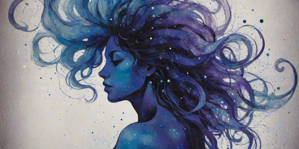 Captivating conceptual render alcohol ink art, double exposure, the paint strokes artfully merge combining a woman's full silhouette with a Jolly jellyfish's silhouette. The figures are composed of a series of colored dots, lines & spots that evoke the image of a cosmic galaxy, colors are deep shades of blue purple & black with flashes of white & silver representing distant stars. The woman's silhouette is formed within the lion's silhouette from constellations of scattered stars, surreal