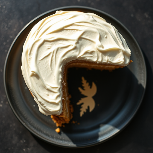 Create a detailed illustration of a layered cake with white frosting on a black plate, using a Canon EOS R5 camera, f/2.8 aperture, 50mm lens, 1/200s shutter speed, in a top-down view with bright, diffuse lighting to enhance texture and detail.