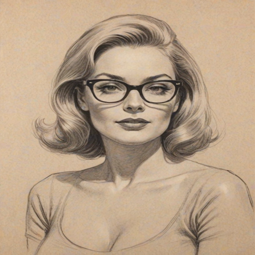 Pleasing Elisabeth R'hm, pencil sketch, portrait of Bewitching woman 1958s in glasses, hair style beatnik, outline, clear lines, fine lines, 8k