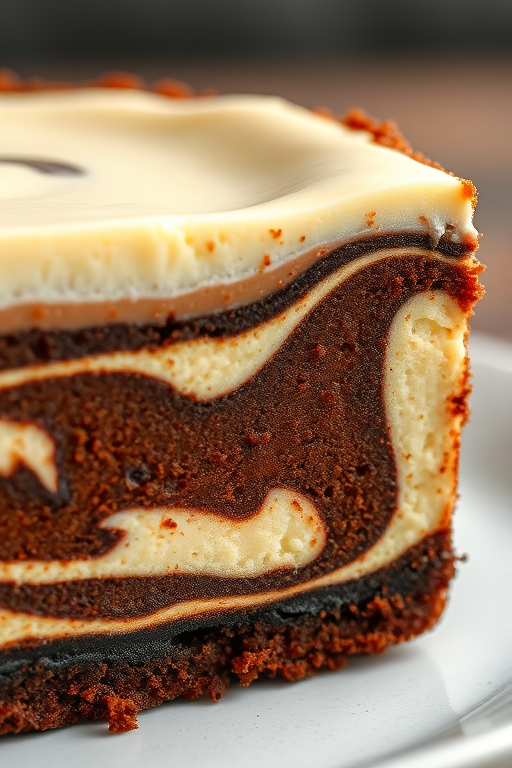 Create an image of a close-up slice of a marbled brownie cheesecake with a smooth creamy top and a rich chocolatey base showing distinct layers and swirls of light and dark chocolate. The edge of the cake should have a textured appearance with a golden-brown crust. The background should be softly blurred to emphasize the dessert.