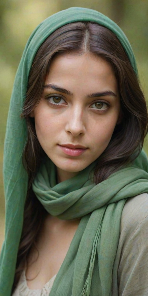 Create a portrait of a young Georgian woman with long, dark hair and captivating hazel eyes. She is wearing a green headscarf and a matching scarf draped gracefully around her neck. The background is softly blurred, focusing attention on her serene and natural expression. The overall color palette is muted and warm, enhancing the intimate and authentic feel of the portrait.