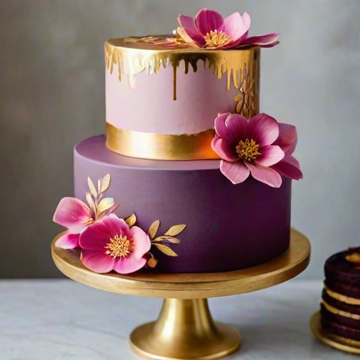 Create a two-tiered cake with a smooth pink upper layer decorated with delicate edible flowers and intricate gold foil accents. The lower tier should be a rich plum color with a matte finish. The overall design should convey elegance and sophistication, emphasizing a floral theme with soft colors and a modern aesthetic.
