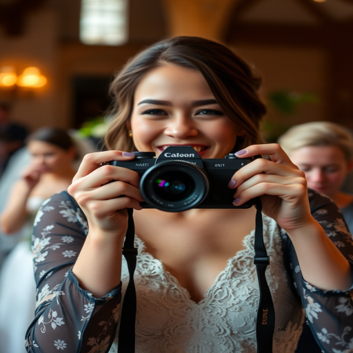 Blurry candid shot of a young woman with a camera capturing moments during a wedding, soft light illuminating her joyful expression as she snaps photos.
