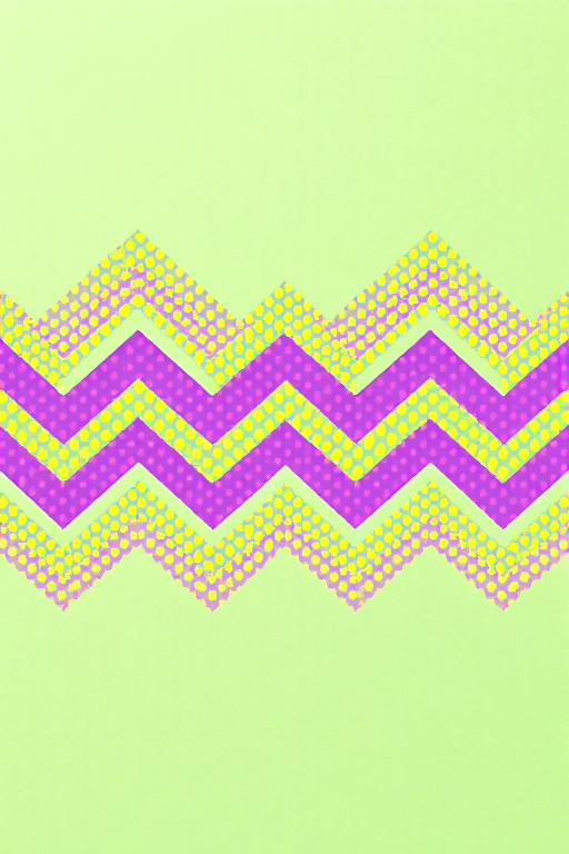 Create a vibrant repeating pattern of zigzag lines in yellow and purple dots on a soft green background, captured with a DSLR camera at 50mm focal length, f/8 aperture, and 1/125 sec shutter speed, using a top-down view for a flat lay effect.