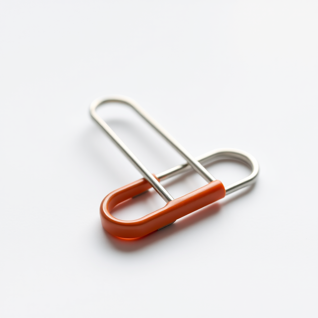 Create a high-resolution image of a paperclip on a white background using a DSLR camera, 50mm lens, aperture f/2.8, ISO 100, with soft natural lighting to enhance detail and clarity.
