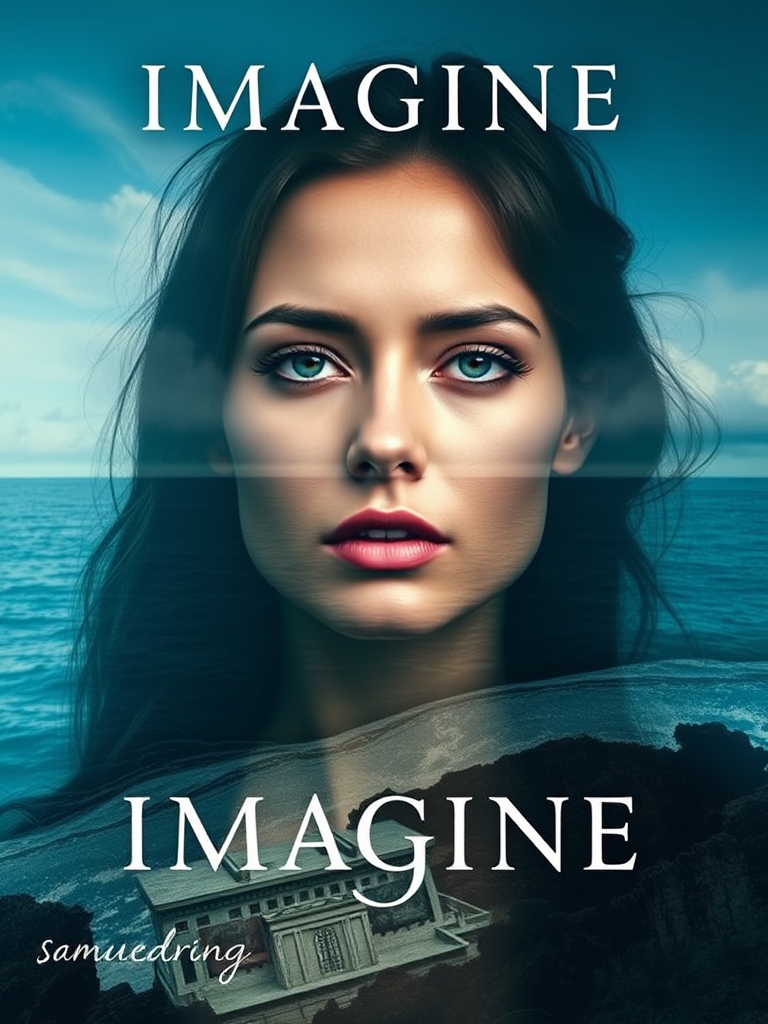 imagine Book cover, A surreal double exposure portrait that blends a woman's face with a beautiful seascape. The overall mood is dreamy and mystical, with rich colors and intricate details