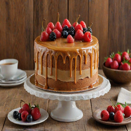Create an image of a beautifully decorated cake with a smooth caramel glaze on top. The cake should have creamy swirls of frosting and be adorned with vibrant red berries. A slice of the cake should be cut out to reveal the moist interior, and the setting should have a rustic wooden background to enhance the cake's presentation.