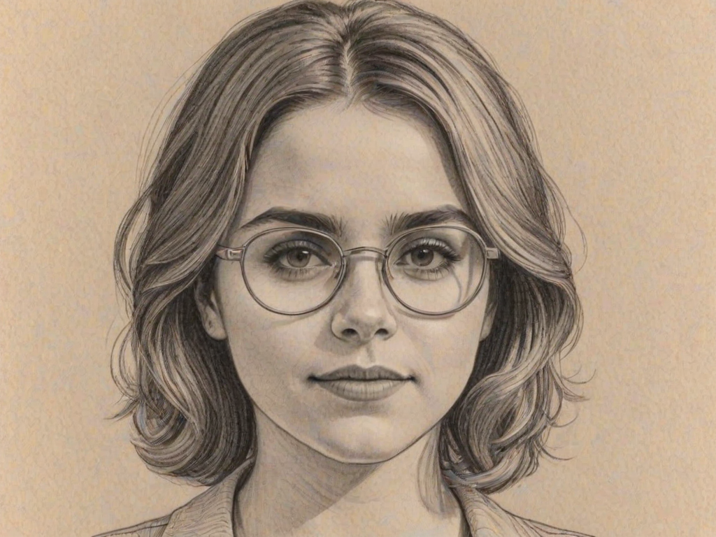 Lovely Mae Whitman, pencil sketch, portrait of Magnificent woman 1970s in glasses, hair style beatnik, outline, clear lines, fine lines, 8k