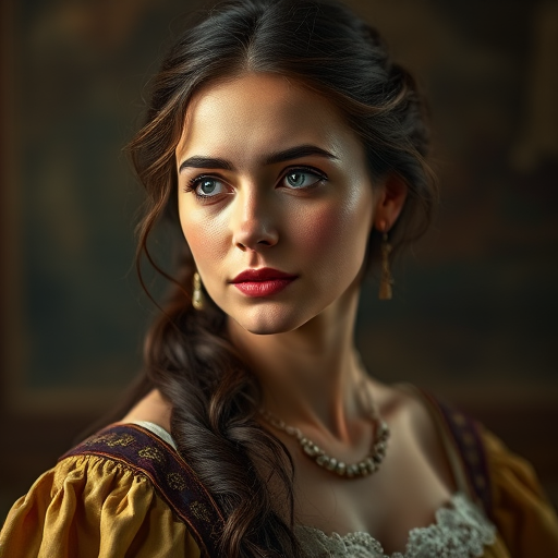portrait of an elegant woman in historical attire, soft lighting, detailed textures, warm color palette, aperture f/1.8, shutter speed 1/60s, ISO 100, 85mm lens, shot from a slightly low angle, soft focus background, classic painting style