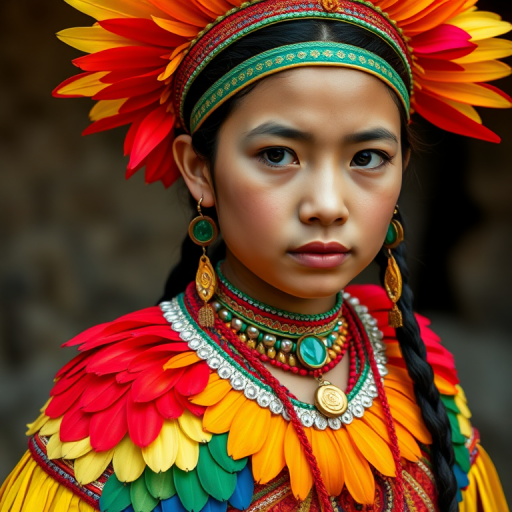 A beautiful Maya girl, wearing colorful bird clothing with vibrant colors