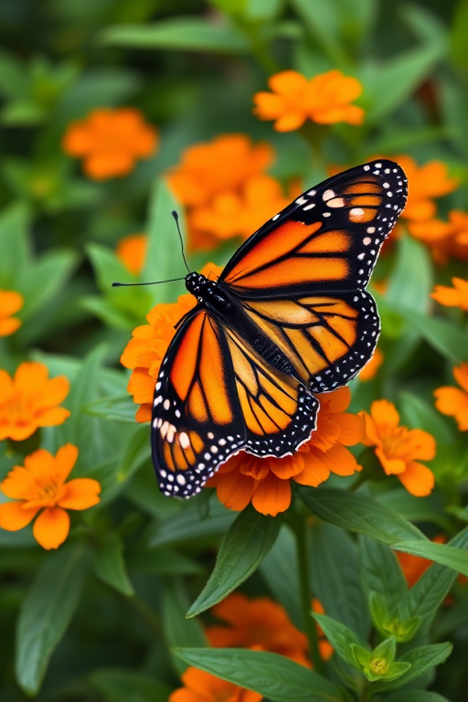Generate an image of a vibrant monarch butterfly perched on bright orange flowers surrounded by lush green leaves, capturing the details of the butterfly's striking black and orange patterns and the texture of the flowers and foliage.