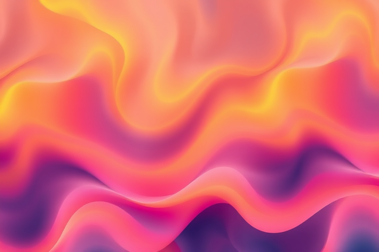 Create an abstract wave pattern featuring vibrant shades of orange, pink, and yellow, captured with a DSLR camera at f/8 aperture, ISO 100, 50mm lens, top-down view, using a soft focus style to enhance the smooth flow of colors.