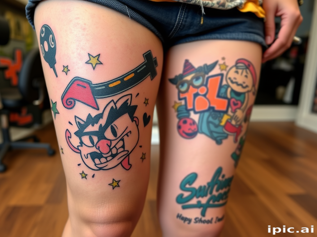 Playful new school tattoo on the thigh, featuring exaggerated cartoon characters and bold, graffiti-inspired elements, employing vivid colors and thick outlines for a fun and eye-catching design