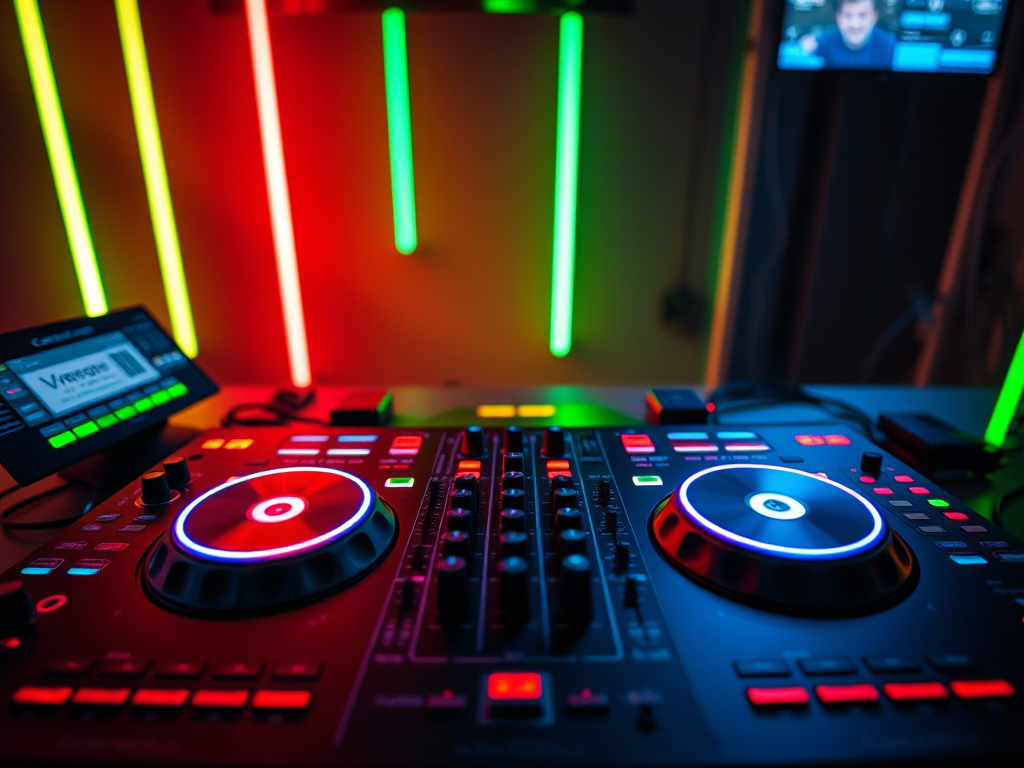 Photograph of a DJ's mixing console with vibrant neon lights, captured with a Canon EOS R5, ISO 800, f/2.8, 1/60s, top-down view, using a shallow depth of field to focus on the controls and colorful illumination.