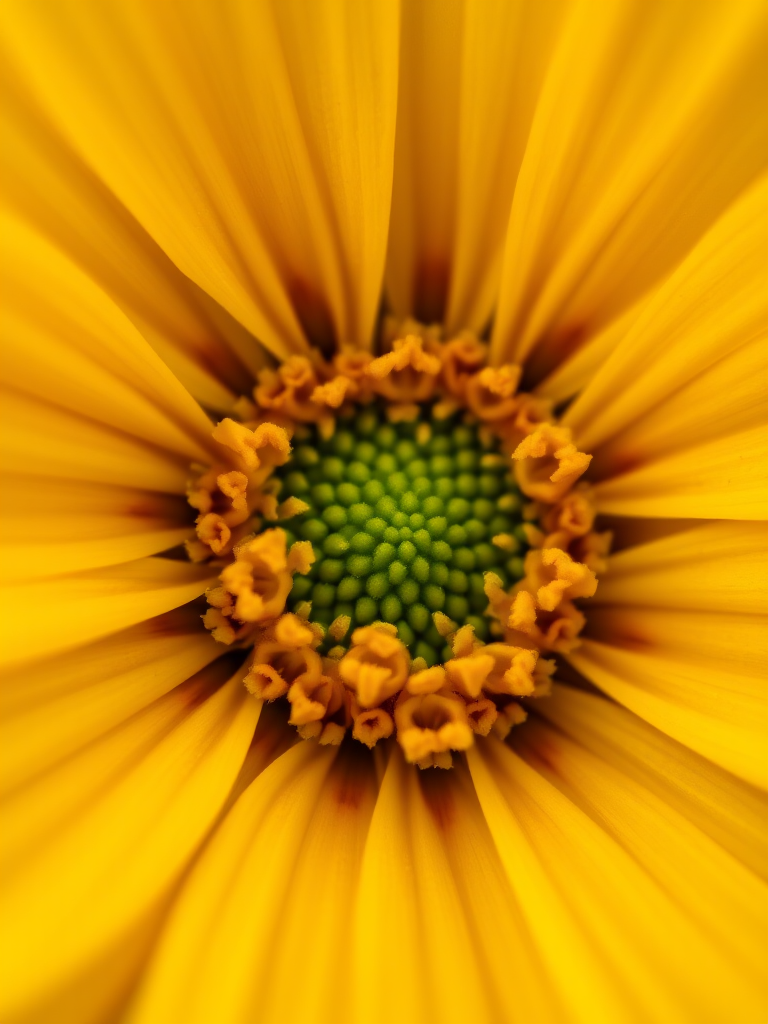 close-up of a vibrant yellow flower with intricate petal details and a green center, captured with a macro lens, aperture f/2.8, shutter speed 1/250s, ISO 100, natural lighting, DSLR camera, shallow depth of field, vivid colors