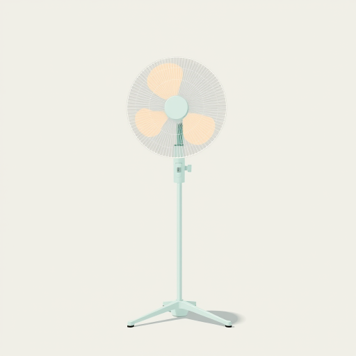 generate a minimalist illustration of a standing fan with a soft pastel color palette, focus on clean lines and a simple background, camera settings: aperture f/8 for sharpness, ISO 200 for clarity, shutter speed 1/60s, camera view: slightly angled from the front to showcase the fan's features, camera style: digital illustration, camera type: DSLR