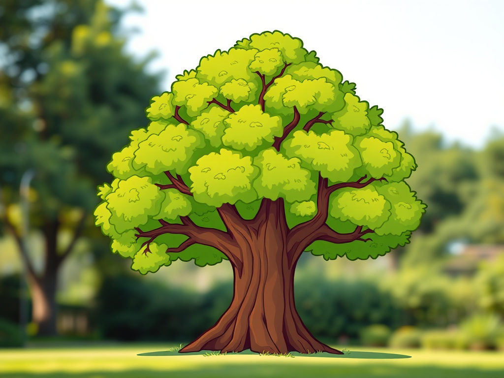 Generate a high-resolution illustration of a cartoon tree with a thick brown trunk and lush green leaves, photographed using a DSLR camera with a 50mm lens at f/2.8, 1/125 sec shutter speed, ISO 100, in natural daylight, with a shallow depth of field to emphasize the tree against a blurred background.