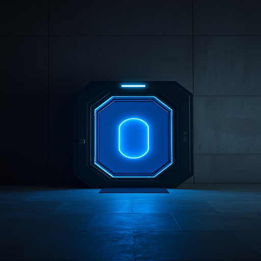 A futuristic teleportation device emitting a glowing blue light, set against a dark concrete background, captured with a Canon EOS R5 at f/1.8, ISO 100, 1/125 sec, using a wide-angle lens for an immersive perspective and high dynamic range for enhanced clarity and depth.