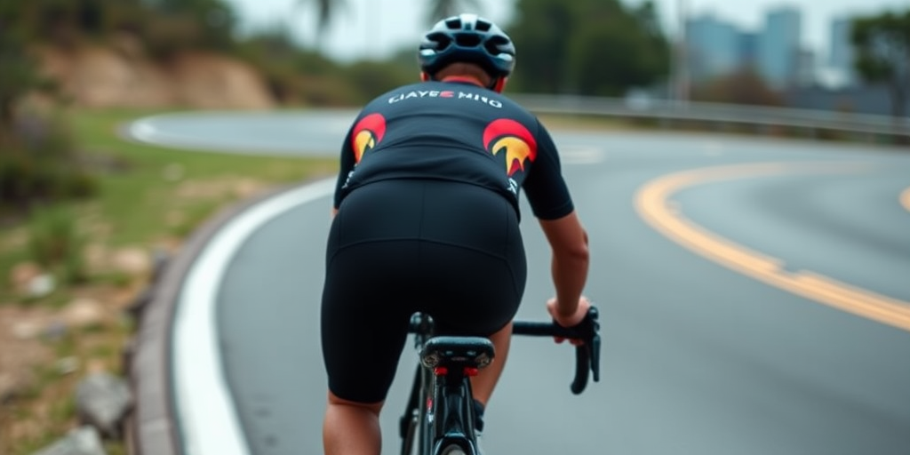 Generate an image of a cyclist riding on a curved road, with a focus on their back as they pedal away, using a DSLR camera with a 50mm lens, aperture set to f/2.8, shutter speed at 1/500s, ISO 100, and a shallow depth of field for enhanced clarity and background blur.