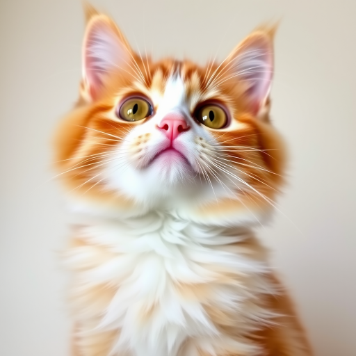Fluffy orange and white cat with large round eyes looking up adorably against a simple background.