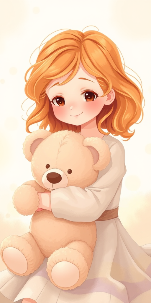 Create a soft, dreamy illustration of a girl with wavy orange hair, hugging a light-colored teddy bear, with pastel-colored backgrounds, using a Canon EOS R5, 50mm lens, f/1.8 aperture, ISO 100, natural light for a warm ambiance.