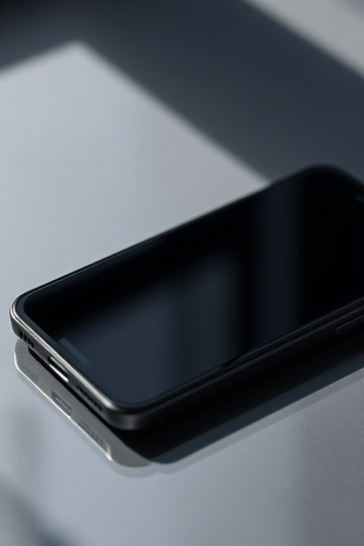 Capture a high-resolution image of a sleek modern smartphone with a fully black screen, using a Canon EOS R5 camera, 85mm lens, f/2.8 aperture, ISO 100, 1/125 sec shutter speed, with natural lighting, positioned at eye level for a clean and sharp look.