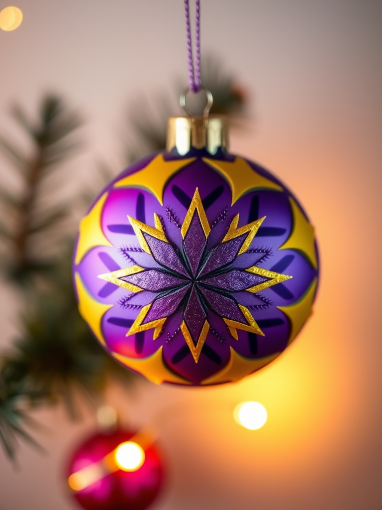 Generate a high-resolution image of a colorful Christmas ornament featuring a purple and yellow star pattern, using a DSLR camera with a 50mm lens, f/2.8 aperture, ISO 100, soft studio lighting, and a slightly angled top-down view to enhance texture and details.