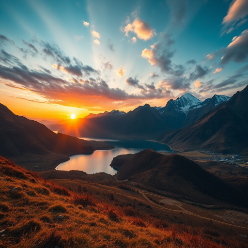 Generate an image of a scenic landscape with mountains and a lake during sunset, captured with a Canon EOS R5, 24mm f/1.4 lens, ISO 100, aperture f/8, shutter speed 1/125 sec, wide-angle view, and vibrant colors.