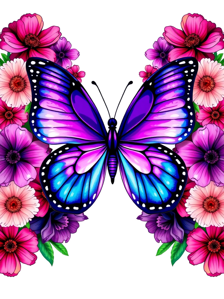 Create a vibrant illustration of a symmetrical butterfly surrounded by an array of colorful flowers. The butterfly should have shades of purple and blue, with intricate details on its wings. The flowers should include various types in pinks and purples, arranged to frame the butterfly beautifully against a clean white background.