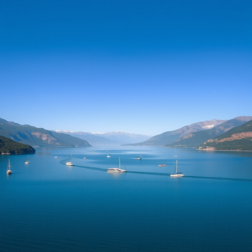 High-resolution image of a serene lake with boats, surrounded by mountains under a clear blue sky, shot with a Canon EOS 5D Mark IV at f/11 aperture, ISO 100, 24mm lens, in landscape orientation.