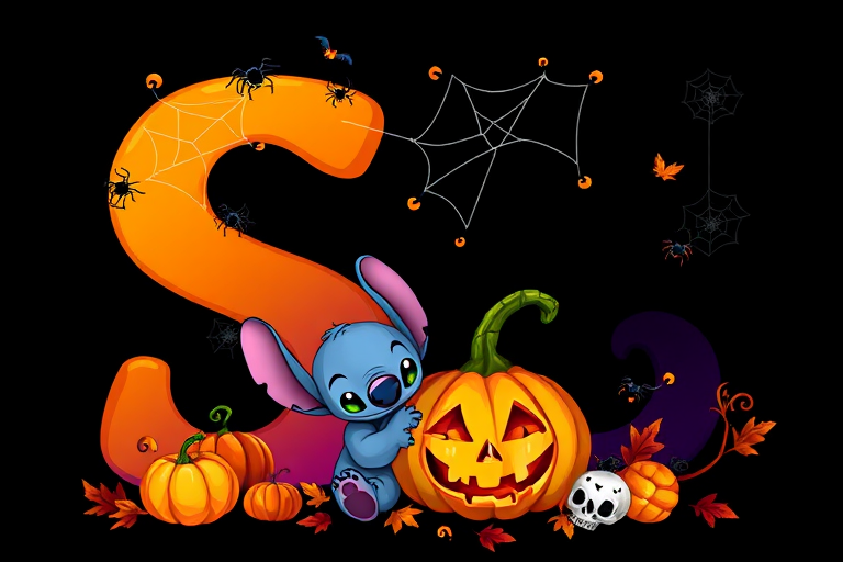A whimsical and vibrant Halloween-themed digital illustration featuring the letter "S" adorned with spider webs, small bats, and cute spiders. At the base of the letter, a playful alien character similar to Stitch is peeking out from inside a carved pumpkin with glowing eyes, surrounded by additional pumpkins, a small skull, and autumn leaves. The letter is gradient-colored from orange to purple, adding a magical atmosphere to the scene, black background