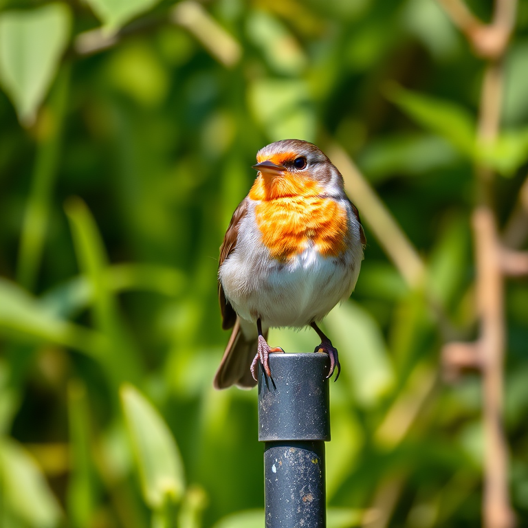 A close-up of a small bird with a distinctive orange chest perched on a metal post, surrounded by lush green foliage, captured using a DSLR camera with a 85mm lens, f/1.8 aperture, ISO 200, 1/200 sec exposure, in natural light for vibrant colors and sharp details.