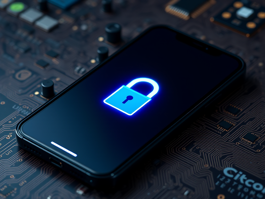 Create a high-resolution image of a smartphone displaying a glowing blue padlock icon on a circuit board background, using a DSLR camera with a 50mm lens, aperture set to f/1.8, ISO 100, and a shallow depth of field to enhance image quality.
