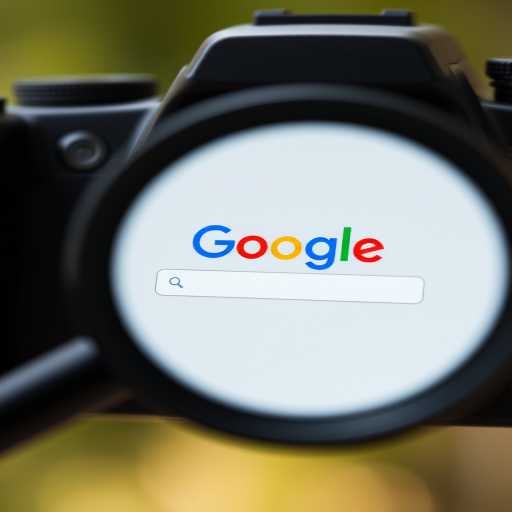 Create a close-up shot of a magnifying glass reflecting the Google homepage, using a DSLR camera at f/2.8 aperture, ISO 100, 50mm lens, and a natural light setting to enhance image clarity and detail.